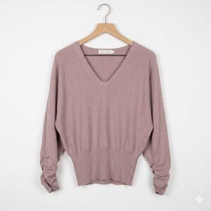 Bishop + Young Willow Ruched Sleeve V-Neck Blouson Sweater Mauve Large